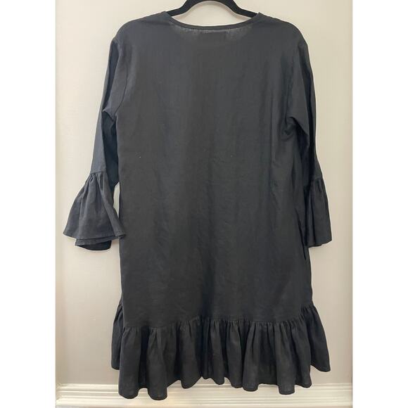 LJC 100% Linen‎ Lagenlook Resortwear Minimalist Pleat Ruffle Black Shirt Dress M - Picture 10 of 11